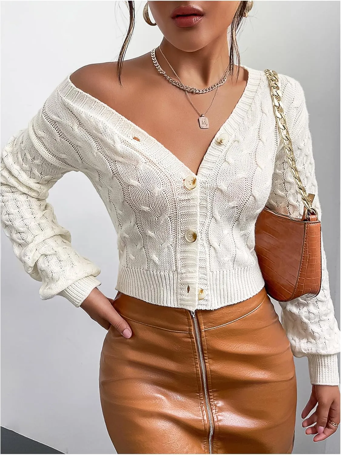 Women's Cable Knit Button Up Cardigans V Neck Long Sleeve Drop Shoulder Sweater Outerwear