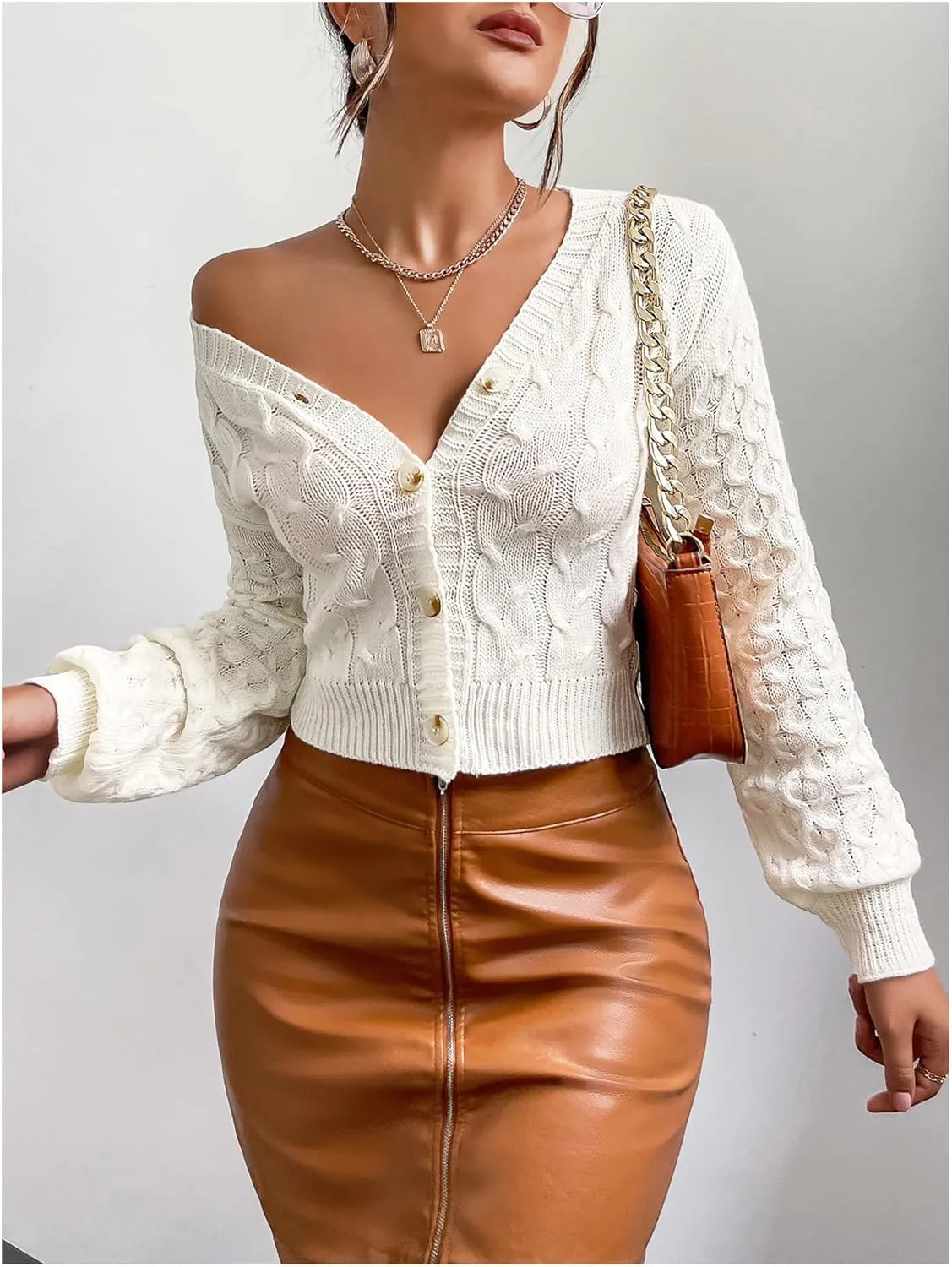 Women's Cable Knit Button Up Cardigans V Neck Long Sleeve Drop Shoulder Sweater Outerwear