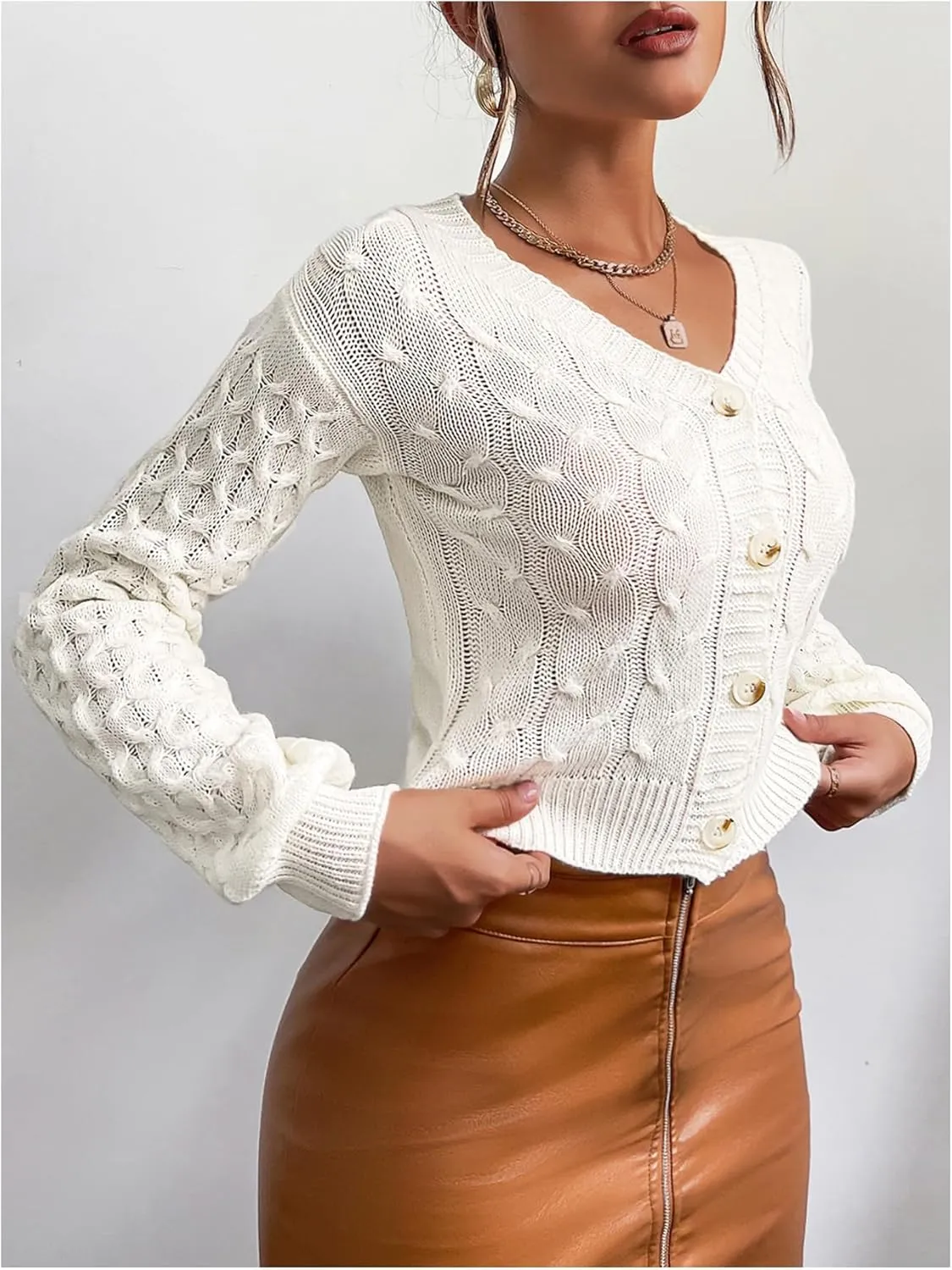 Women's Cable Knit Button Up Cardigans V Neck Long Sleeve Drop Shoulder Sweater Outerwear
