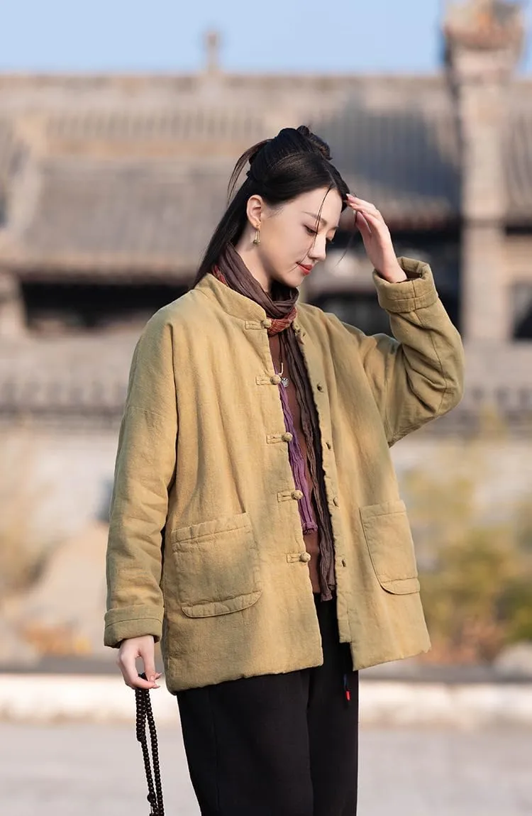 Women's Chinese Style Tang Suit Quilted Lightweight Jacket Coats with Pockets Cotton Linen Padded Outerwear