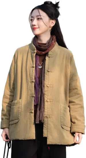 Women's Chinese Style Tang Suit Quilted Lightweight Jacket Coats with Pockets Cotton Linen Padded Outerwear