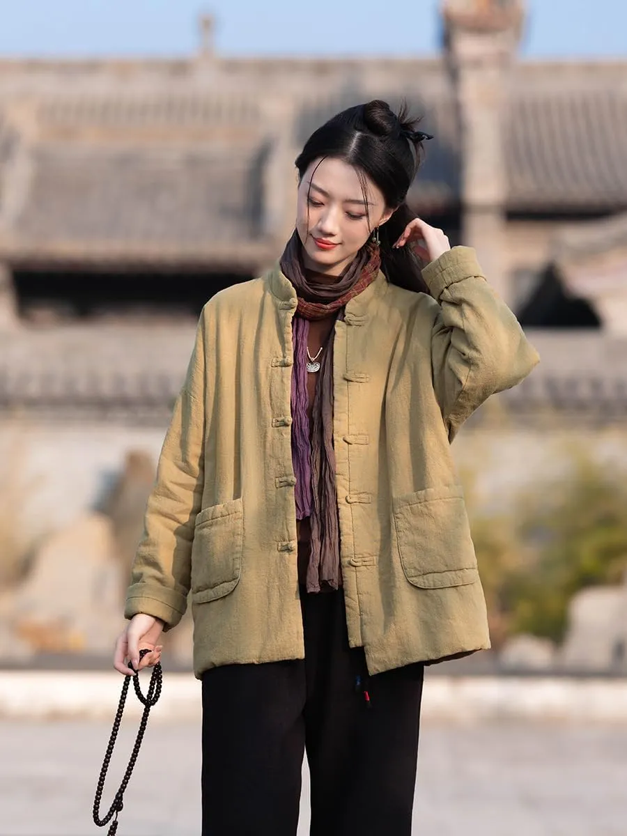 Women's Chinese Style Tang Suit Quilted Lightweight Jacket Coats with Pockets Cotton Linen Padded Outerwear