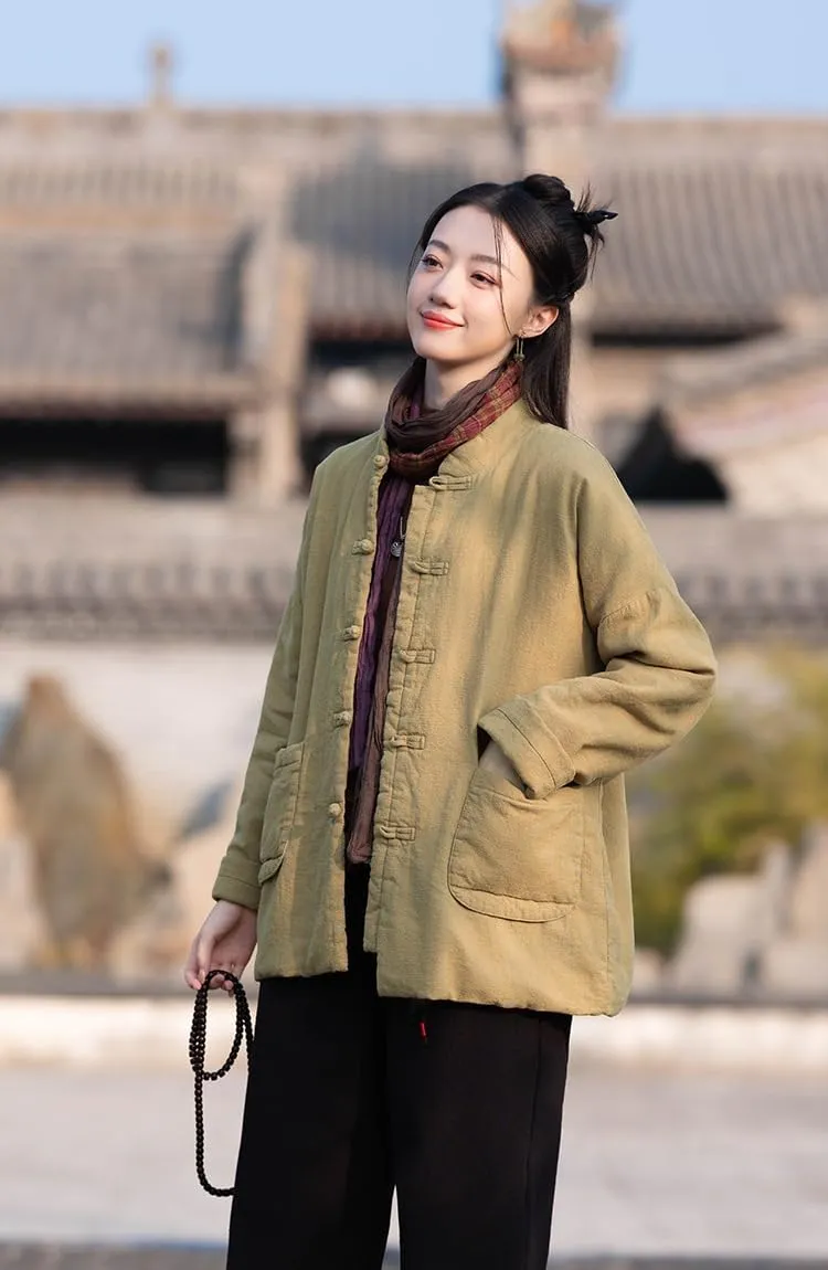 Women's Chinese Style Tang Suit Quilted Lightweight Jacket Coats with Pockets Cotton Linen Padded Outerwear