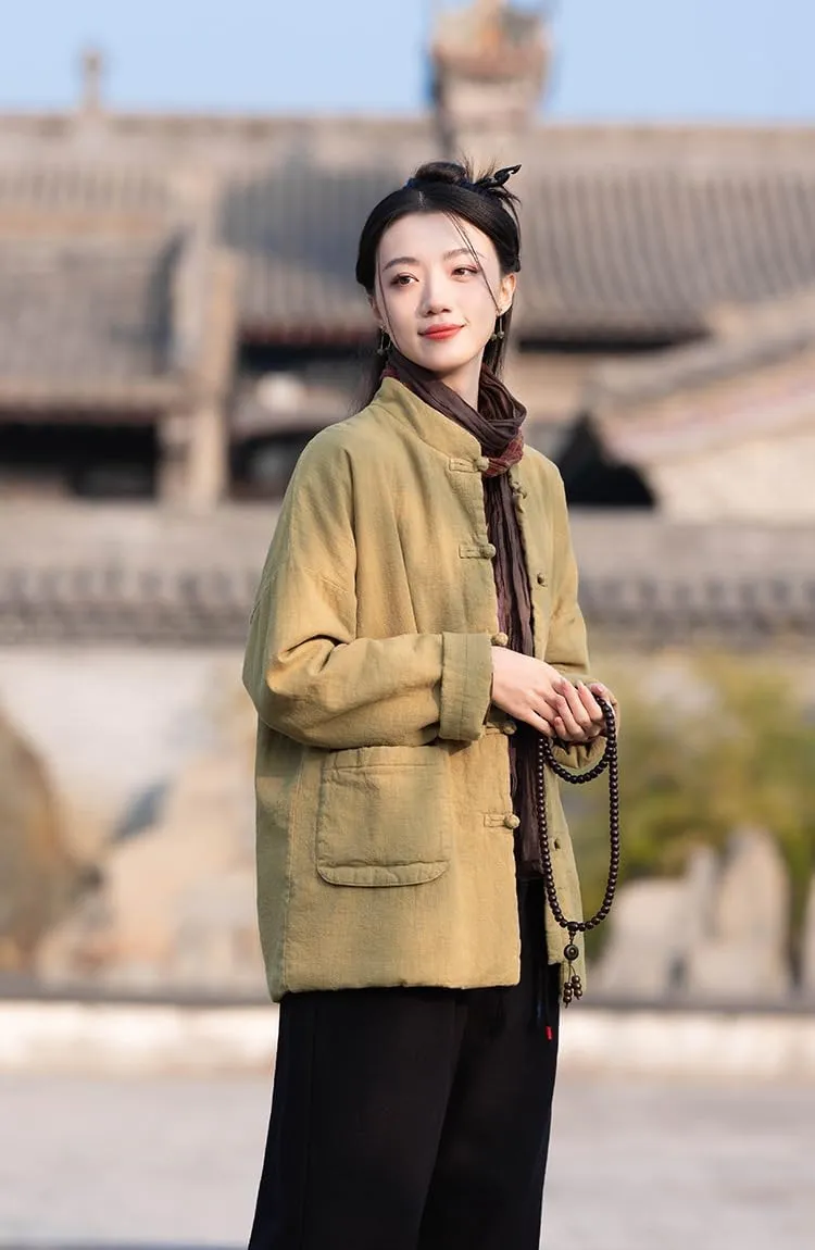 Women's Chinese Style Tang Suit Quilted Lightweight Jacket Coats with Pockets Cotton Linen Padded Outerwear