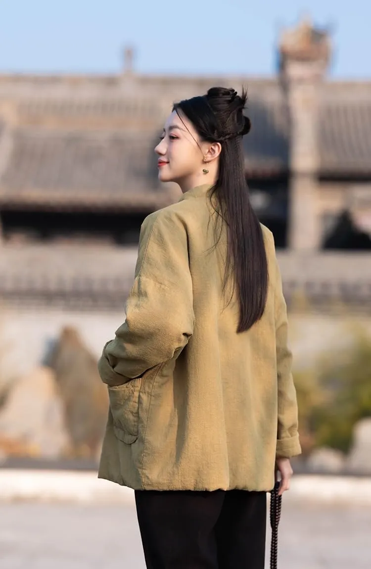 Women's Chinese Style Tang Suit Quilted Lightweight Jacket Coats with Pockets Cotton Linen Padded Outerwear
