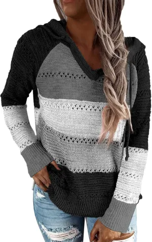 Women's Color Block Knit Hoodies Sweaters V Neck Drawstring Lightweight Pullover Sweatshirts & Zip up