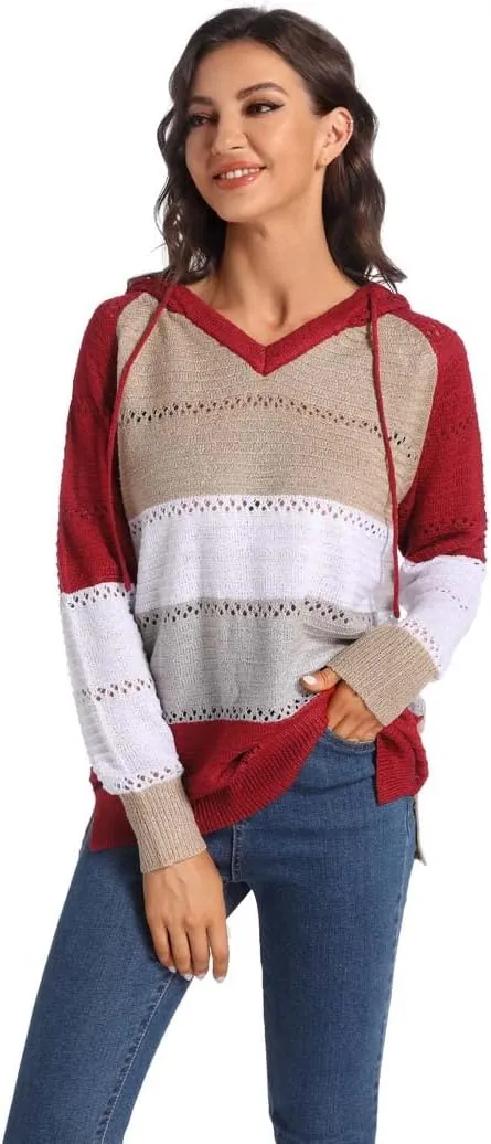 Women's Color Block Knit Hoodies Sweaters V Neck Drawstring Lightweight Pullover Sweatshirts & Zip up
