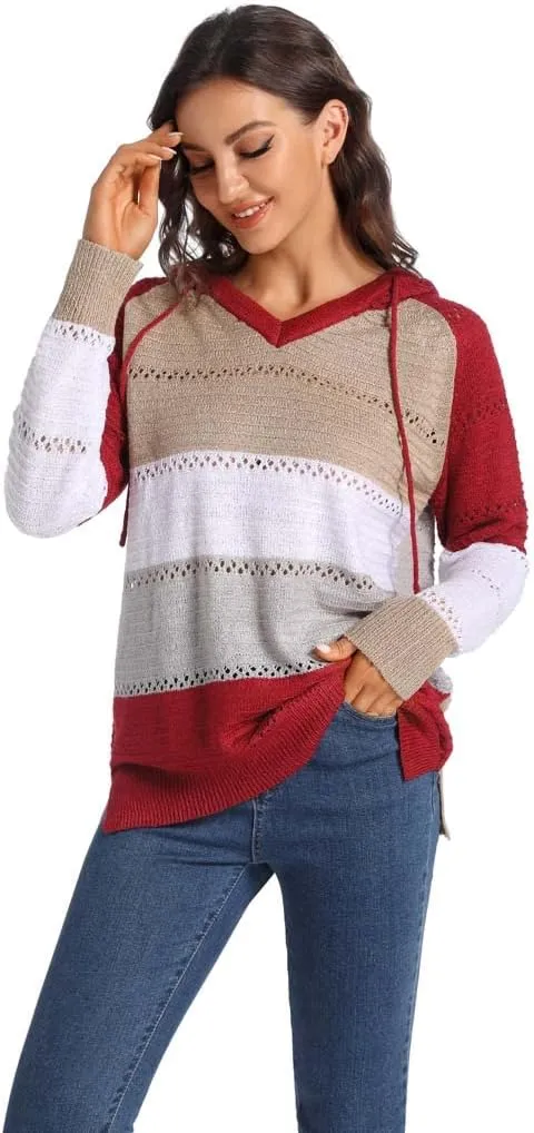 Women's Color Block Knit Hoodies Sweaters V Neck Drawstring Lightweight Pullover Sweatshirts & Zip up