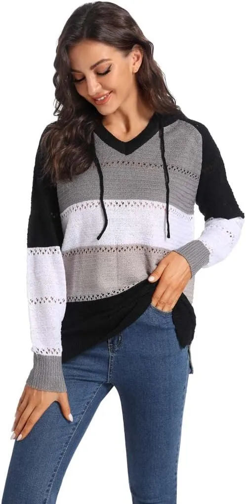Women's Color Block Knit Hoodies Sweaters V Neck Drawstring Lightweight Pullover Sweatshirts & Zip up