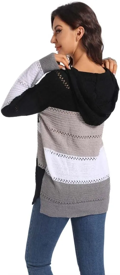 Women's Color Block Knit Hoodies Sweaters V Neck Drawstring Lightweight Pullover Sweatshirts & Zip up