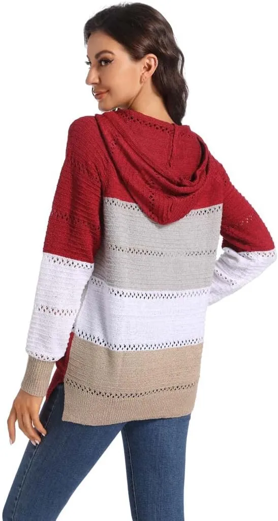 Women's Color Block Knit Hoodies Sweaters V Neck Drawstring Lightweight Pullover Sweatshirts & Zip up