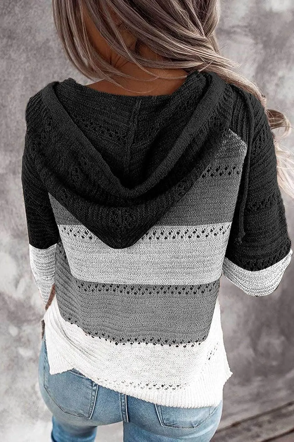 Women's Color Block Knit Hoodies Sweaters V Neck Drawstring Lightweight Pullover Sweatshirts & Zip up