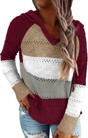 Women's Color Block Knit Hoodies Sweaters V Neck Drawstring Lightweight Pullover Sweatshirts & Zip up