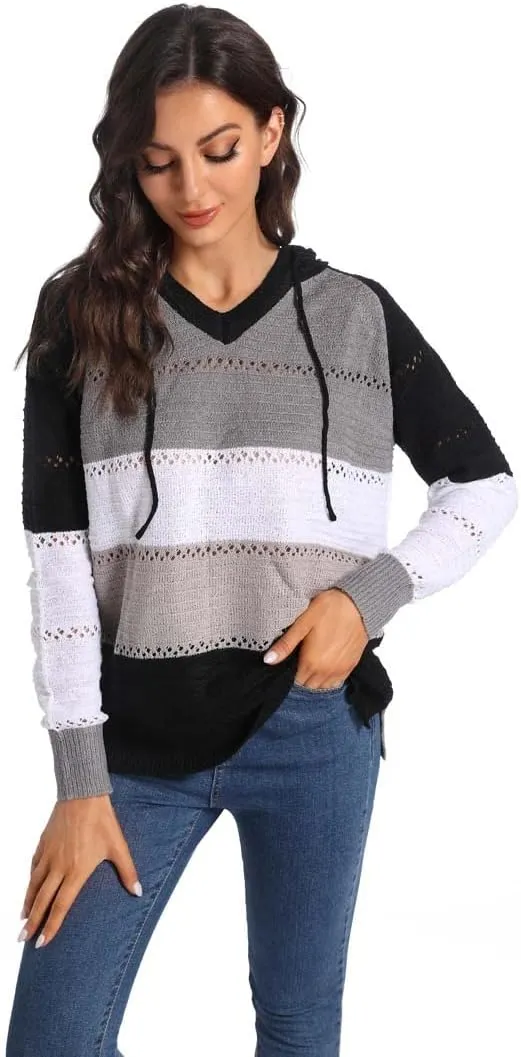 Women's Color Block Knit Hoodies Sweaters V Neck Drawstring Lightweight Pullover Sweatshirts & Zip up