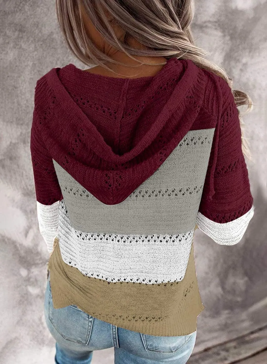 Women's Color Block Knit Hoodies Sweaters V Neck Drawstring Lightweight Pullover Sweatshirts & Zip up