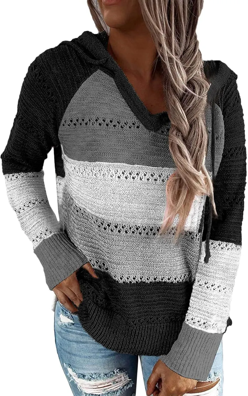 Women's Color Block Knit Hoodies Sweaters V Neck Drawstring Lightweight Pullover Sweatshirts & Zip up