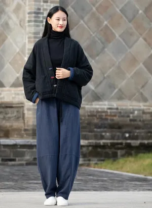Women's Cotton Linen Padded Coat with Pockets Quilted Lightweight Jacket Chinese Style Tang Suit Winter Outerwear