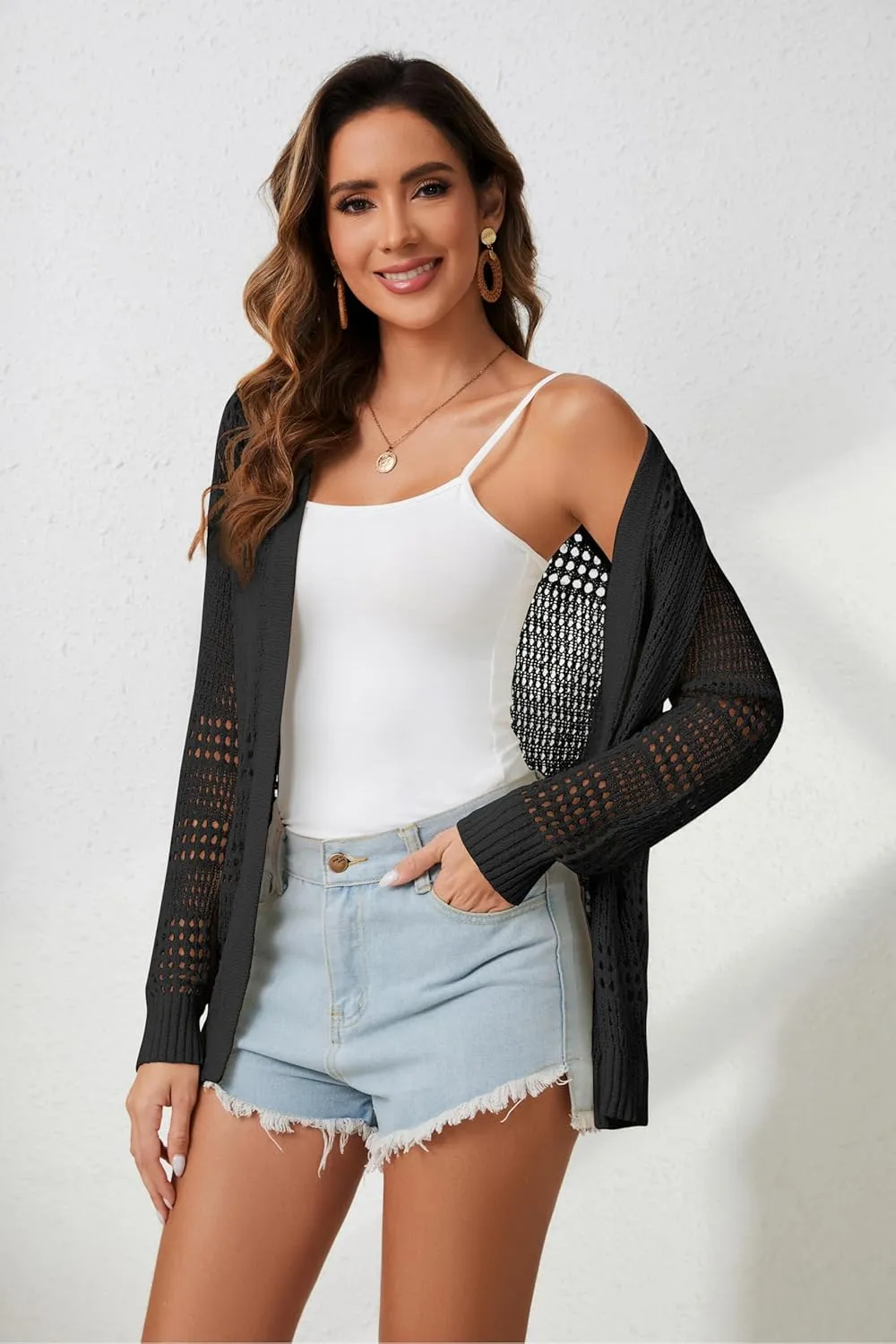 Womens Crochet Summer Cardigan Sweaters Open Front Long Sleeve Lightweight Oversized Boho Knit Beach Cardigans