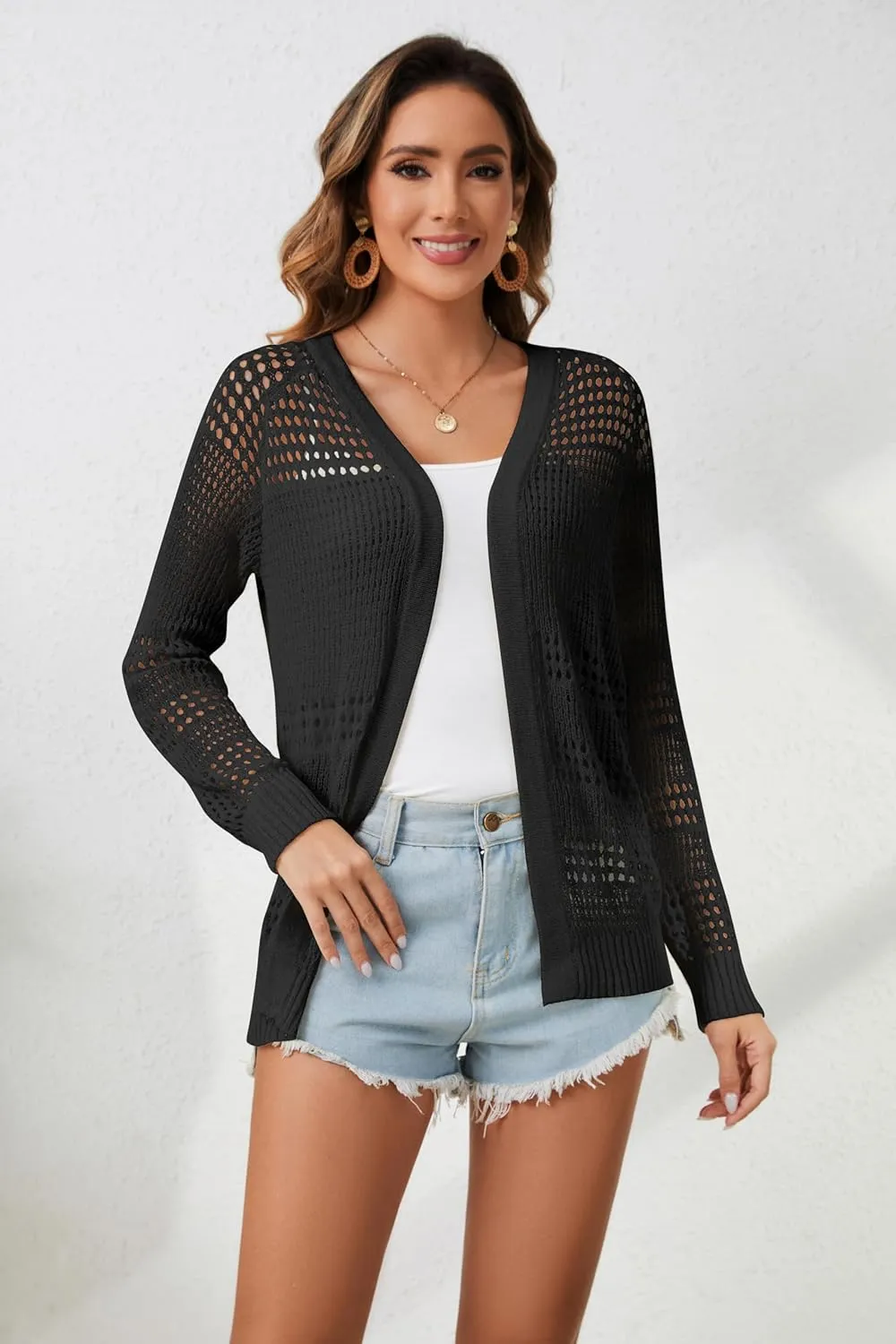 Womens Crochet Summer Cardigan Sweaters Open Front Long Sleeve Lightweight Oversized Boho Knit Beach Cardigans