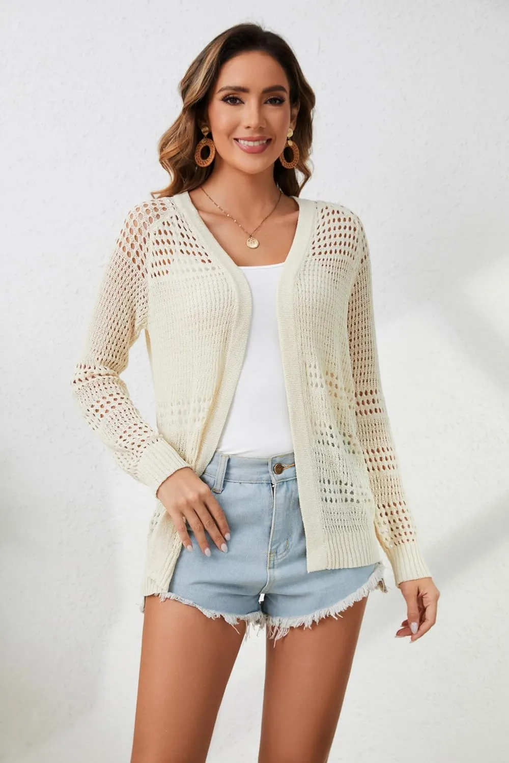 Womens Crochet Summer Cardigan Sweaters Open Front Long Sleeve Lightweight Oversized Boho Knit Beach Cardigans