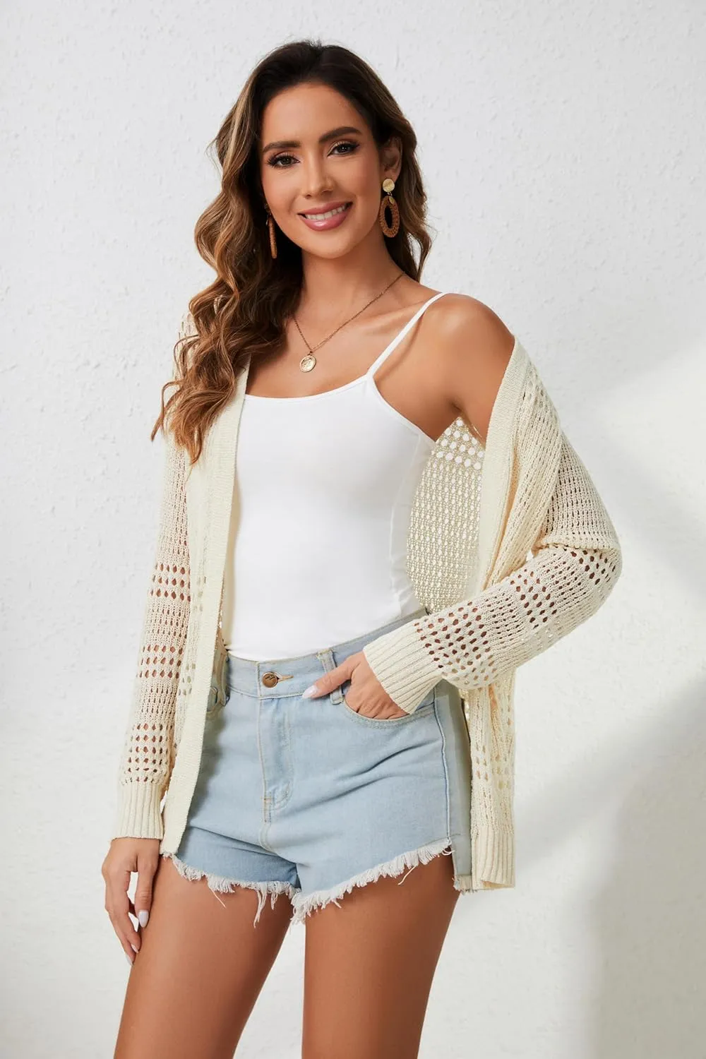Womens Crochet Summer Cardigan Sweaters Open Front Long Sleeve Lightweight Oversized Boho Knit Beach Cardigans
