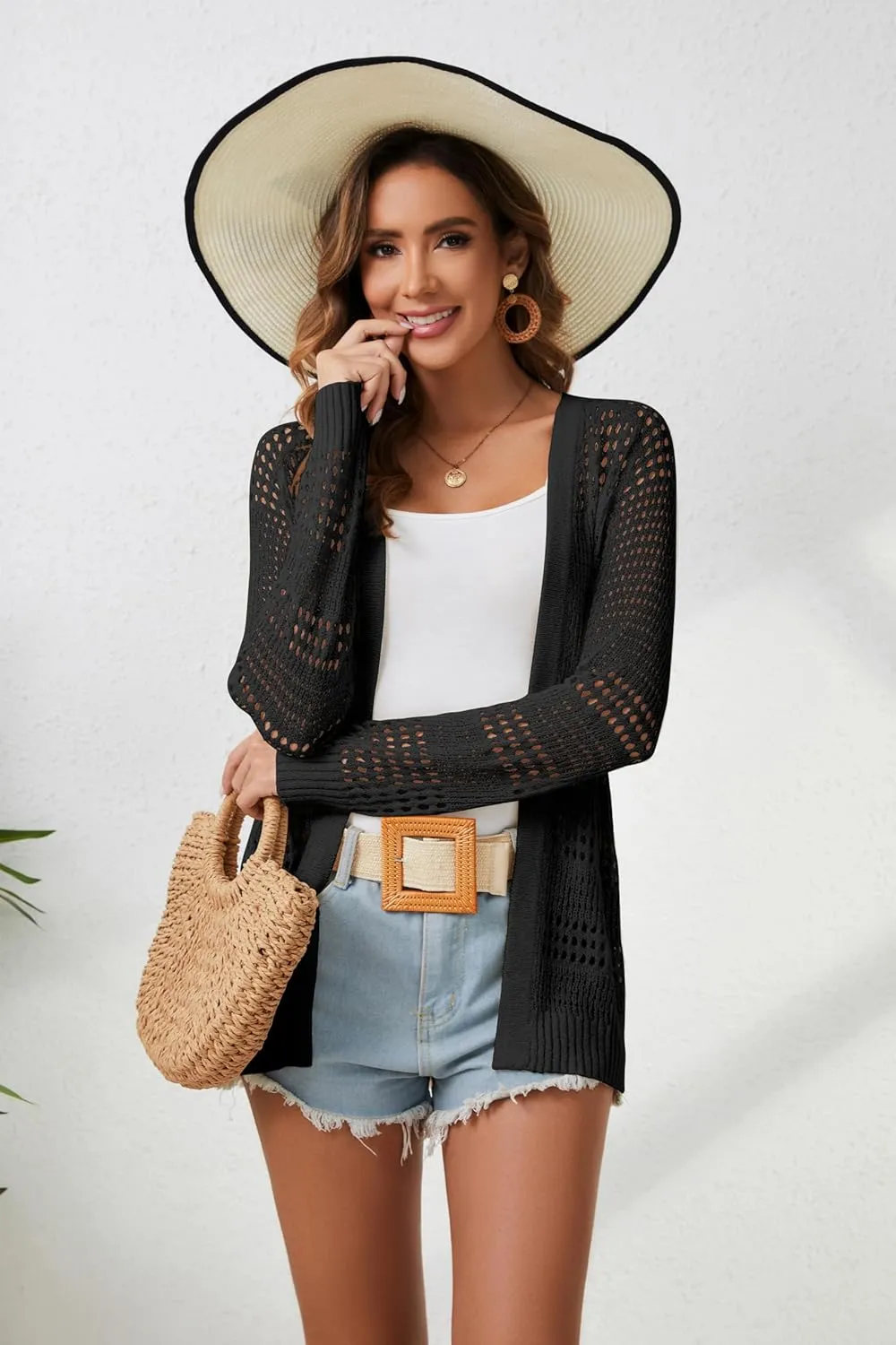 Womens Crochet Summer Cardigan Sweaters Open Front Long Sleeve Lightweight Oversized Boho Knit Beach Cardigans