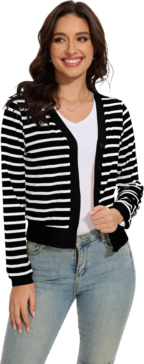 Women's Cropped Cardigan Sweaters Lightweight Long Sleeve Knit Striped Cardigan Fall Outfits Trendy