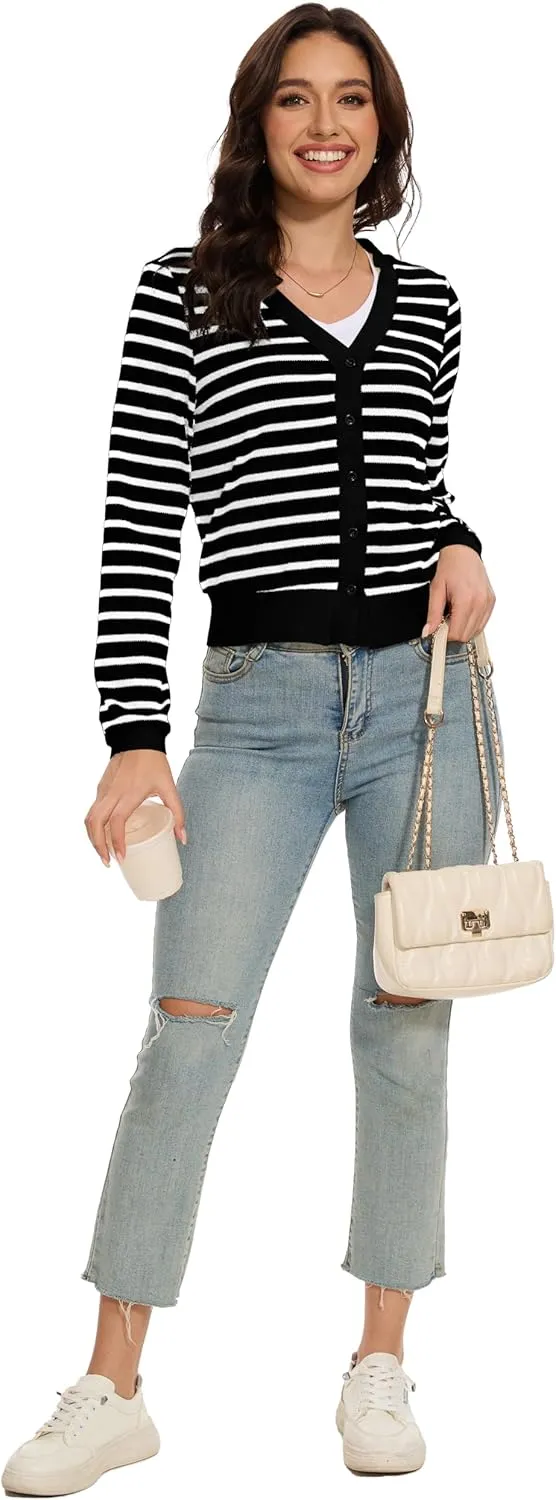 Women's Cropped Cardigan Sweaters Lightweight Long Sleeve Knit Striped Cardigan Fall Outfits Trendy