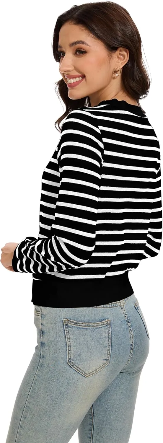 Women's Cropped Cardigan Sweaters Lightweight Long Sleeve Knit Striped Cardigan Fall Outfits Trendy