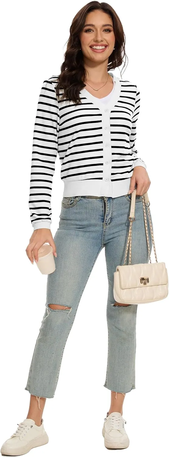 Women's Cropped Cardigan Sweaters Lightweight Long Sleeve Knit Striped Cardigan Fall Outfits Trendy