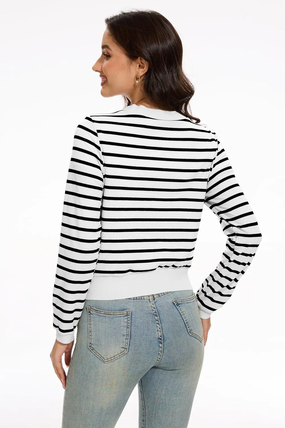 Women's Cropped Cardigan Sweaters Lightweight Long Sleeve Knit Striped Cardigan Fall Outfits Trendy