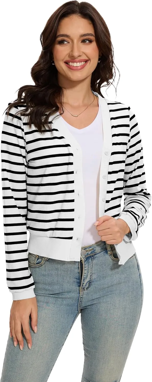 Women's Cropped Cardigan Sweaters Lightweight Long Sleeve Knit Striped Cardigan Fall Outfits Trendy