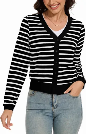 Women's Cropped Cardigan Sweaters Lightweight Long Sleeve Knit Striped Cardigan Fall Outfits Trendy