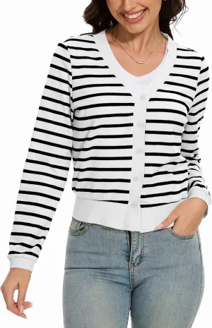 Women's Cropped Cardigan Sweaters Lightweight Long Sleeve Knit Striped Cardigan Fall Outfits Trendy