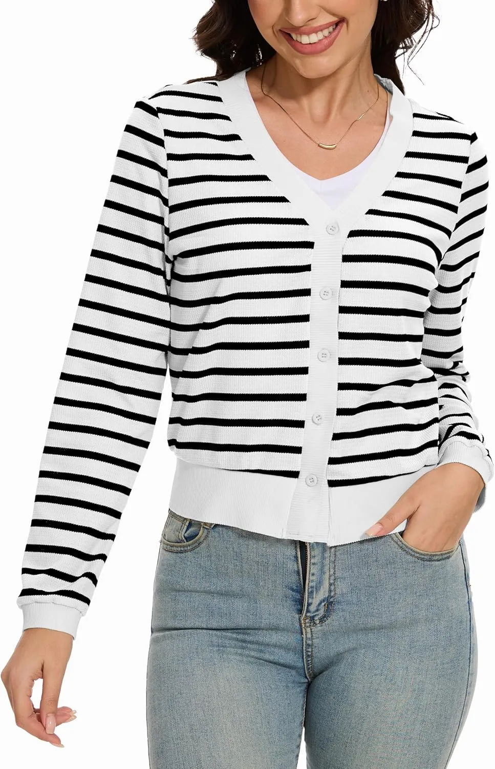 Women's Cropped Cardigan Sweaters Lightweight Long Sleeve Knit Striped Cardigan Fall Outfits Trendy
