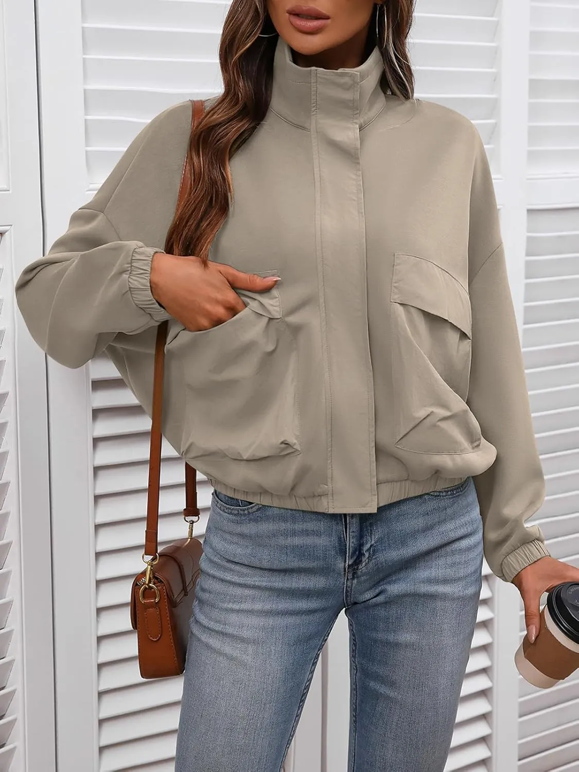 Women's Cropped Oversized Safari Jackets Zip Up Stand Collar Neck Long Sleeve Utility Anorak jacket with Pocket