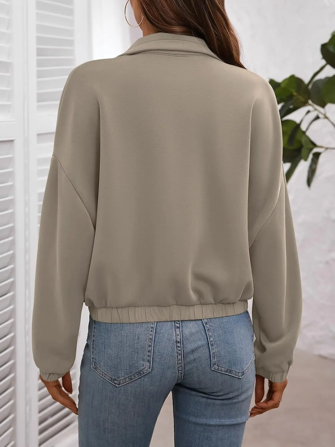 Women's Cropped Oversized Safari Jackets Zip Up Stand Collar Neck Long Sleeve Utility Anorak jacket with Pocket