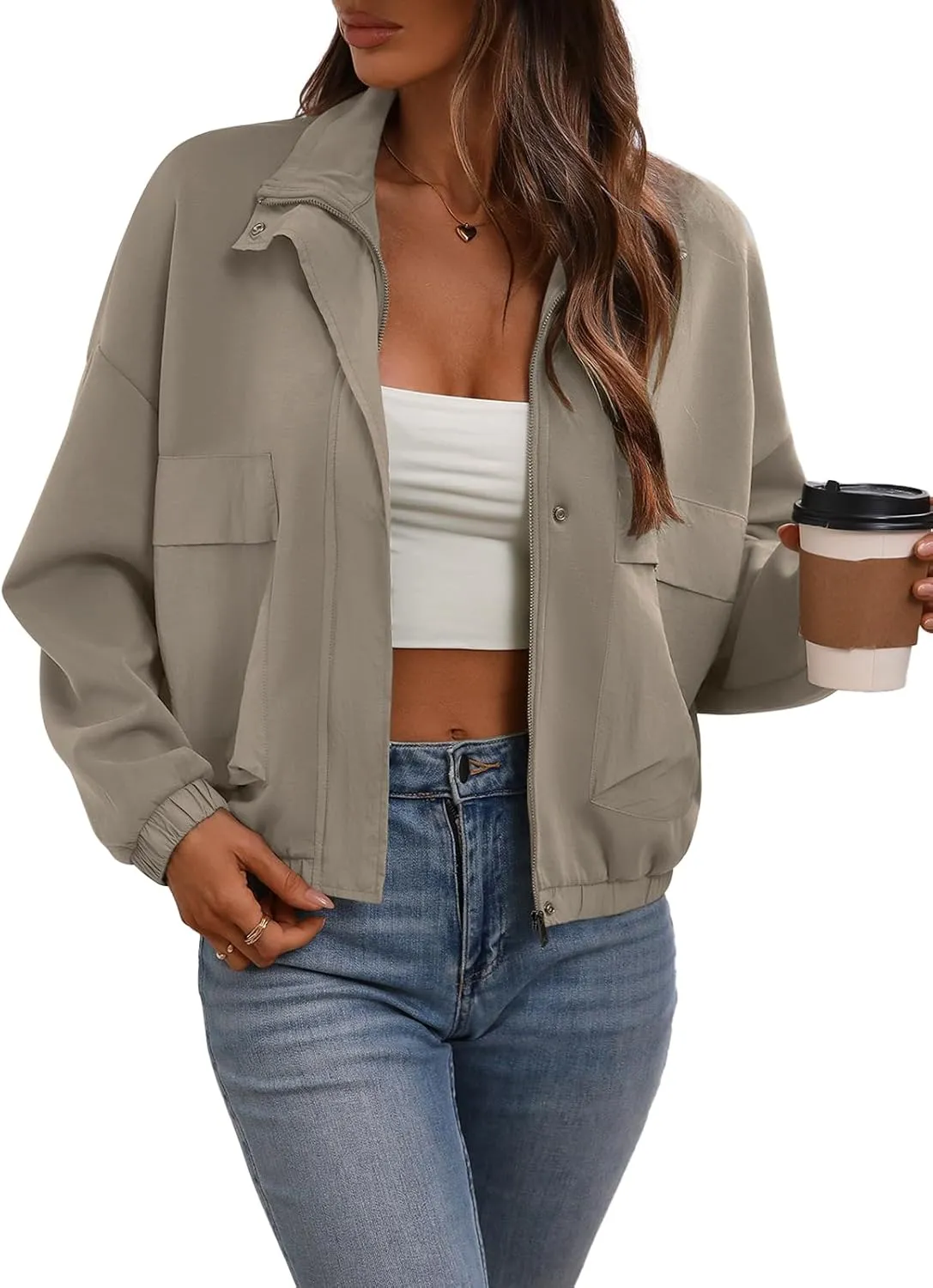 Women's Cropped Oversized Safari Jackets Zip Up Stand Collar Neck Long Sleeve Utility Anorak jacket with Pocket