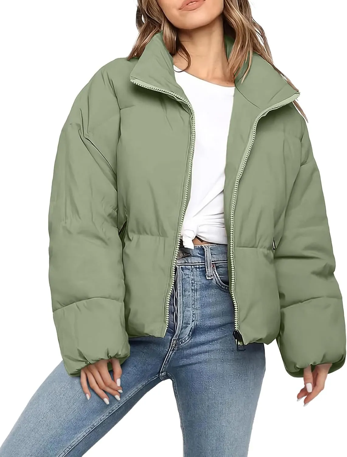 Womens Cropped Puffer Jacket Long Sleeve Winter Puffy Coat Short Warm Casual Quilted Jackets