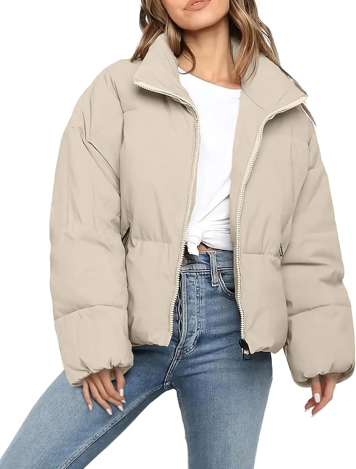 Womens Cropped Puffer Jacket Long Sleeve Winter Puffy Coat Short Warm Casual Quilted Jackets