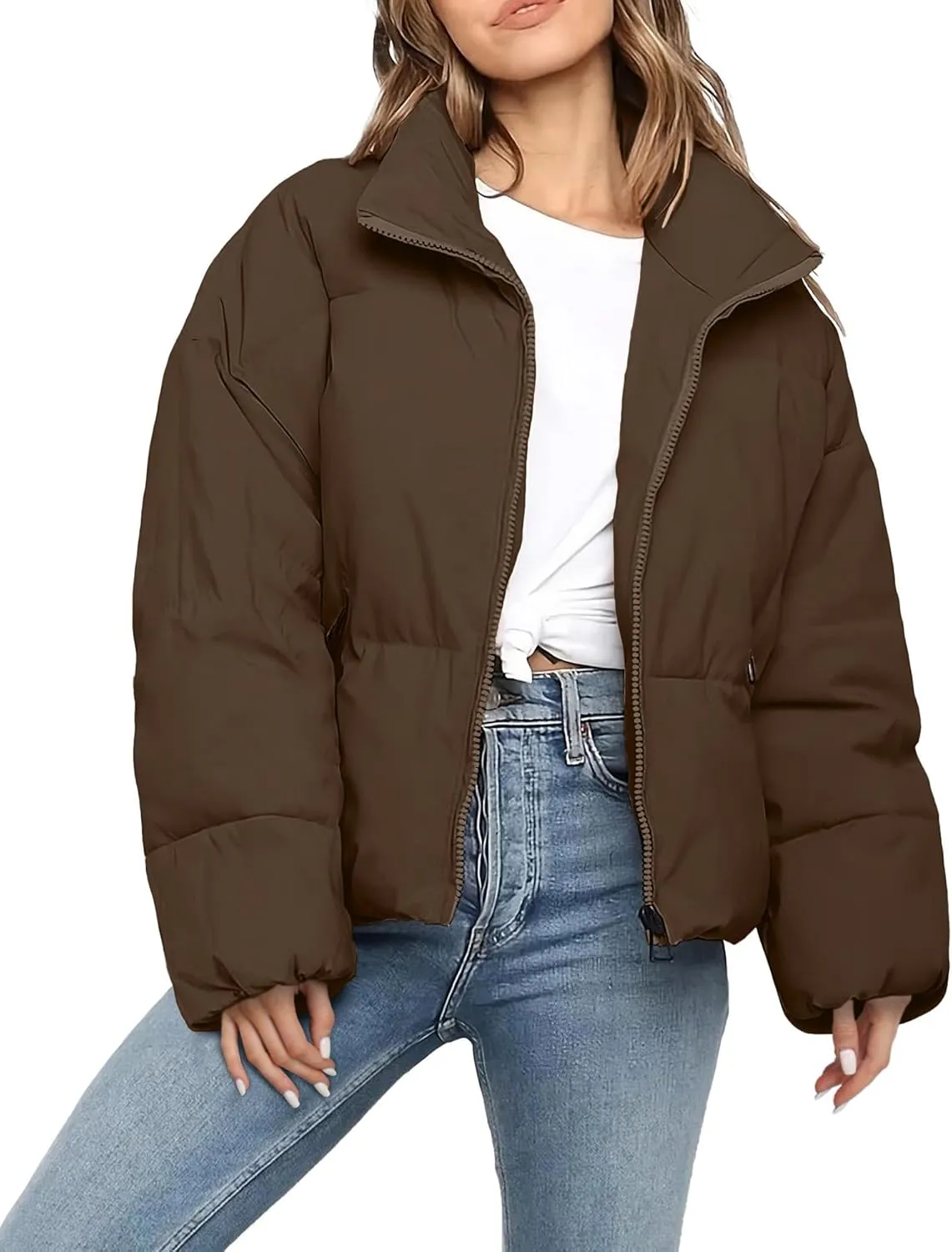 Womens Cropped Puffer Jacket Long Sleeve Winter Puffy Coat Short Warm Casual Quilted Jackets