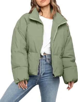 Womens Cropped Puffer Jacket Long Sleeve Winter Puffy Coat Short Warm Casual Quilted Jackets