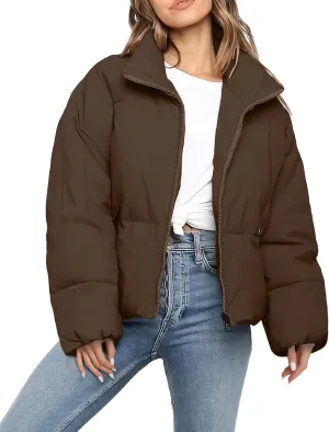 Womens Cropped Puffer Jacket Long Sleeve Winter Puffy Coat Short Warm Casual Quilted Jackets