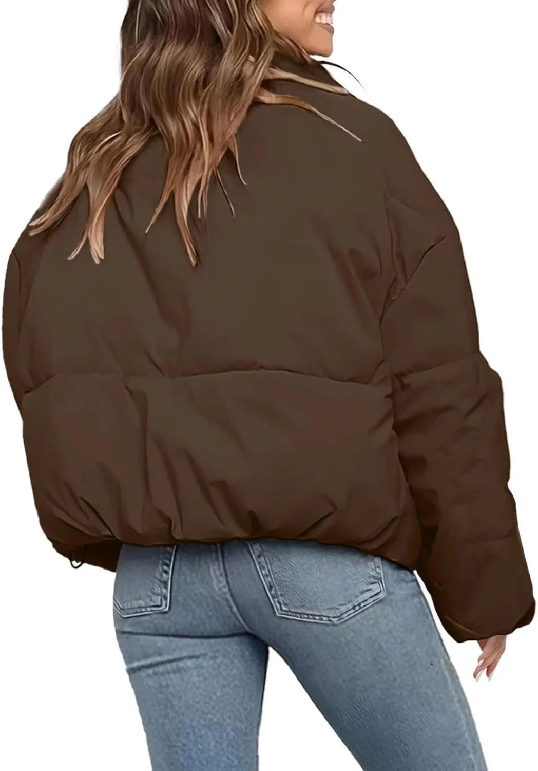 Womens Cropped Puffer Jacket Long Sleeve Winter Puffy Coat Short Warm Casual Quilted Jackets