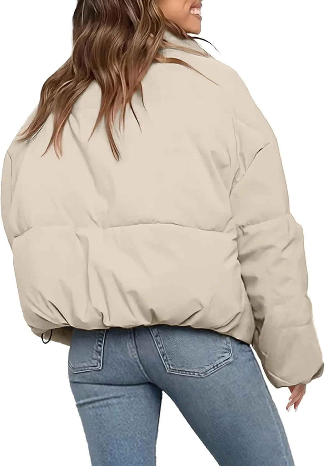 Womens Cropped Puffer Jacket Long Sleeve Winter Puffy Coat Short Warm Casual Quilted Jackets
