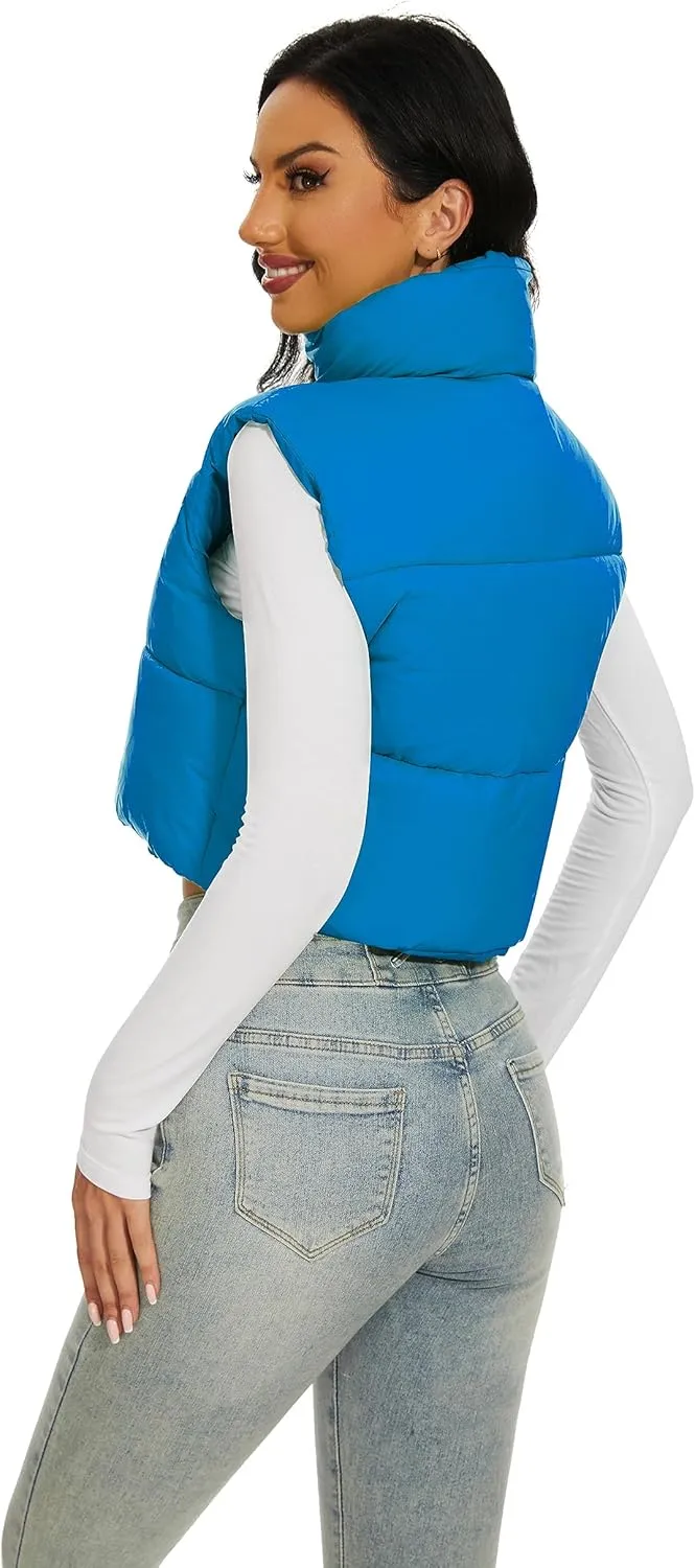 Womens Cropped Puffer Vest Stand Collar Zip Up Lightweight Winter Puffy Jacket Vests Outerwear