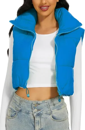 Womens Cropped Puffer Vest Stand Collar Zip Up Lightweight Winter Puffy Jacket Vests Outerwear