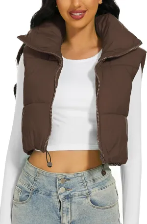 Womens Cropped Puffer Vest Stand Collar Zip Up Lightweight Winter Puffy Jacket Vests Outerwear