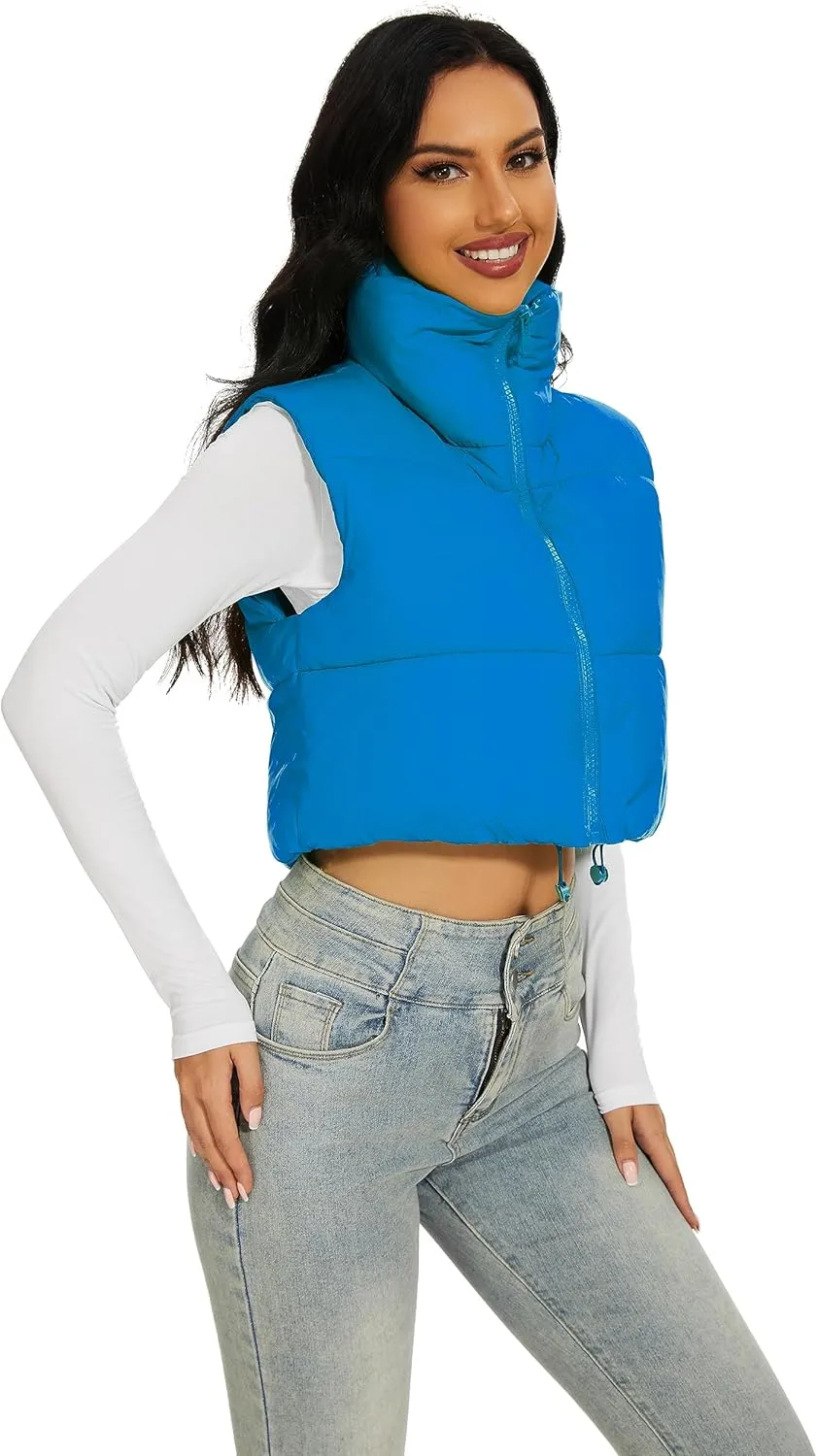 Womens Cropped Puffer Vest Stand Collar Zip Up Lightweight Winter Puffy Jacket Vests Outerwear