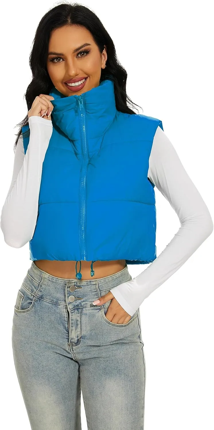 Womens Cropped Puffer Vest Stand Collar Zip Up Lightweight Winter Puffy Jacket Vests Outerwear